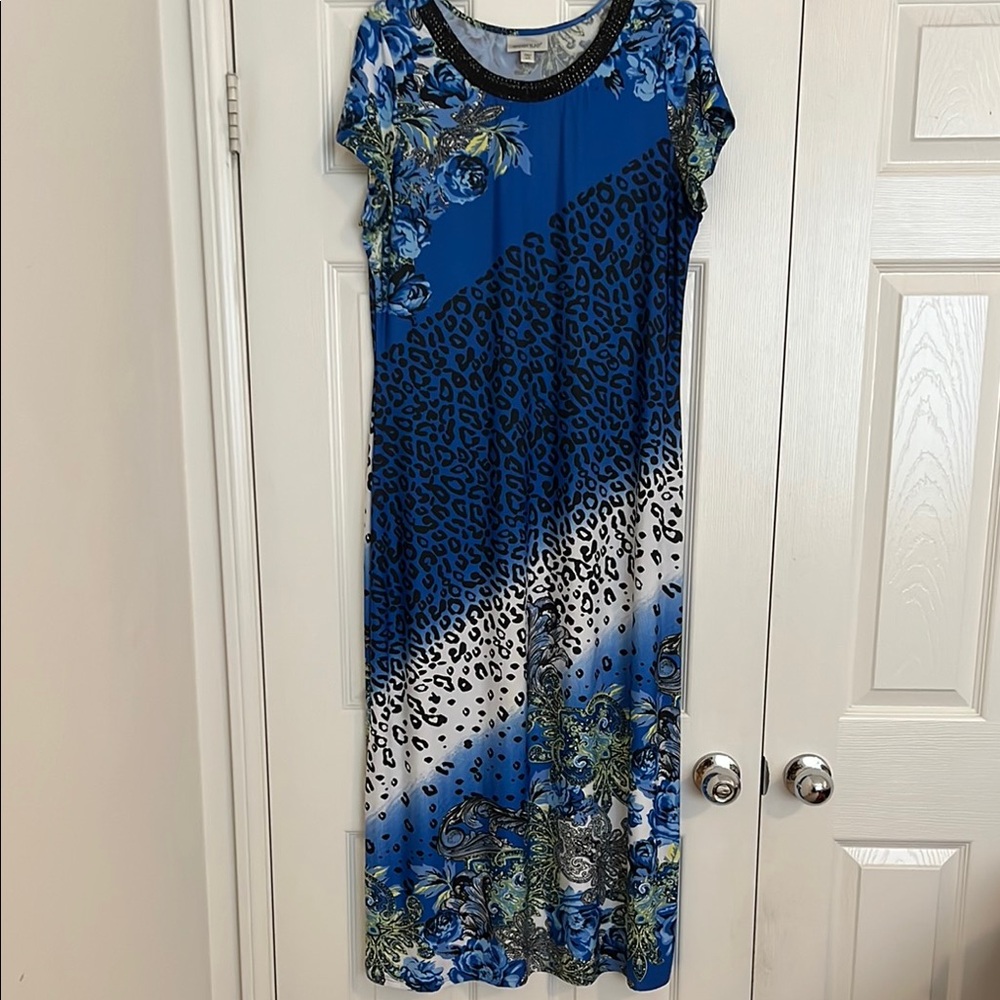 Avenue Blue Asymmetrical Midi Dress With Bejeweled Neckline
